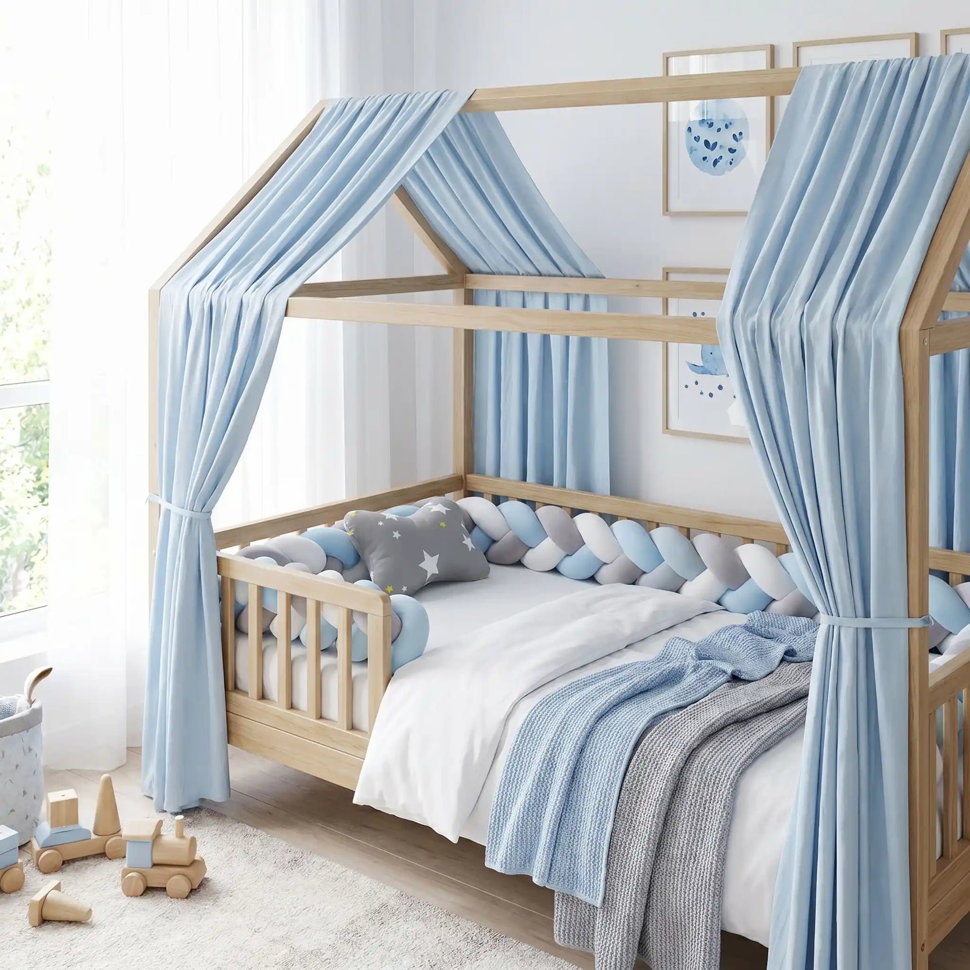 tour de lit tressé bleu pour lit cabane