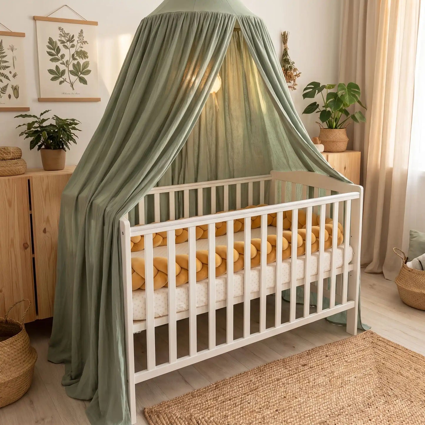 tour de lit tressé miel moutarde installé tout autour des barreaux du lit bébé en bois blanc syle nature avec n ciel de lit vert sauge fixé au dessus