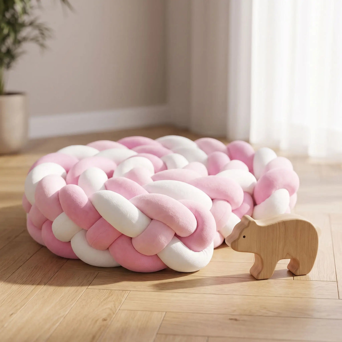 Tresse de lit bébé rose et blanche enroulée sur elle-même formant un cocon moelleux