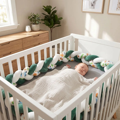 Bébé dormant paisiblement en sécurité dans son lit à barreaux protégé par une tresse de lit vert forêt et motifs safari