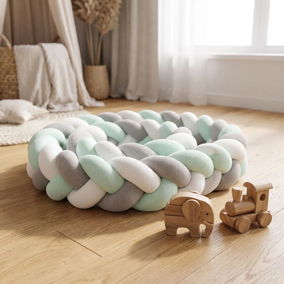 tour de lit tressé vert sauge entouré sur lui même posé sur un plancher en bois avec des jouets en bois à côté