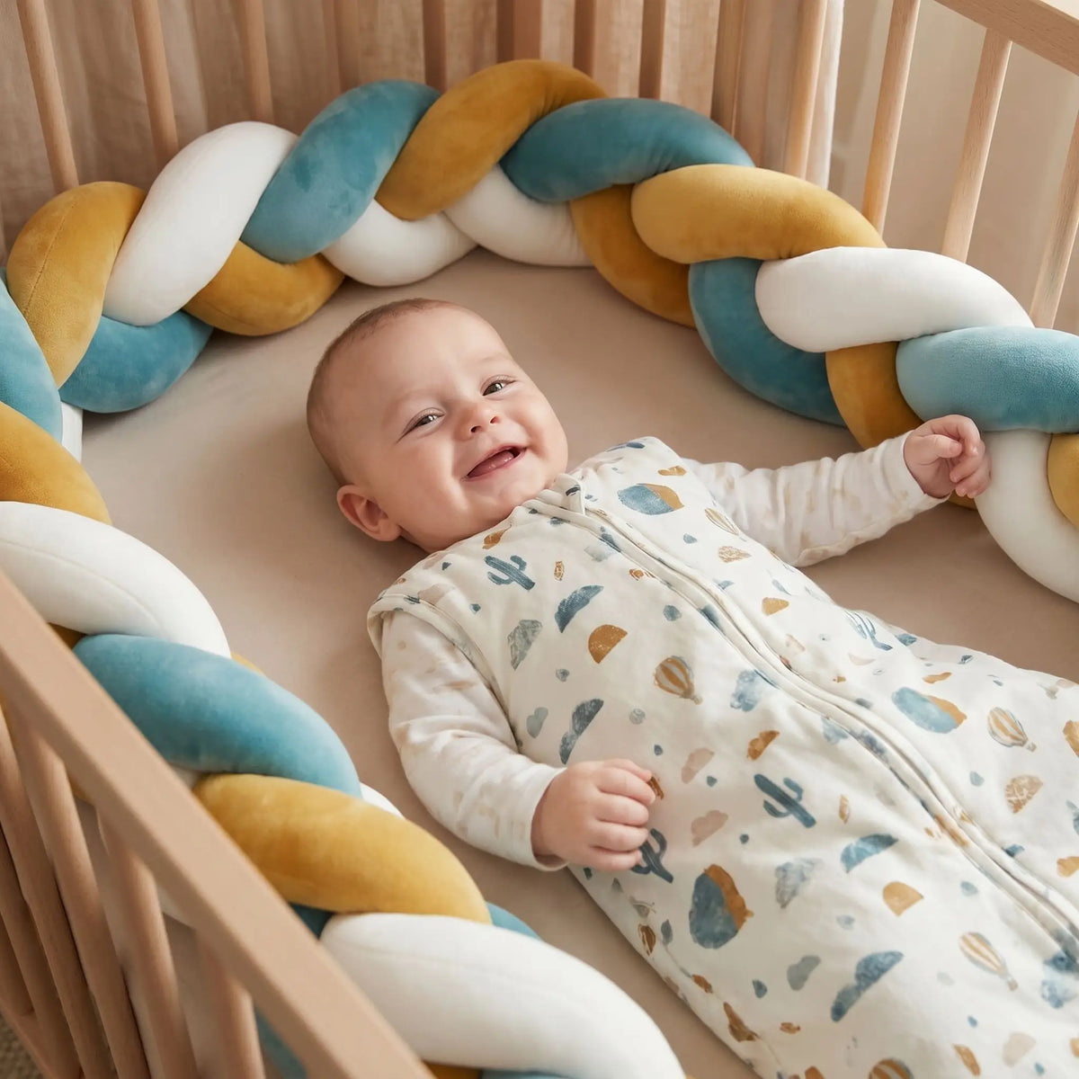 bébé dans son lit qui sourit avec une tresse de lit 3 m autour des barreaux