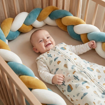 bébé dans son lit qui sourit avec une tresse de lit 3 m autour des barreaux