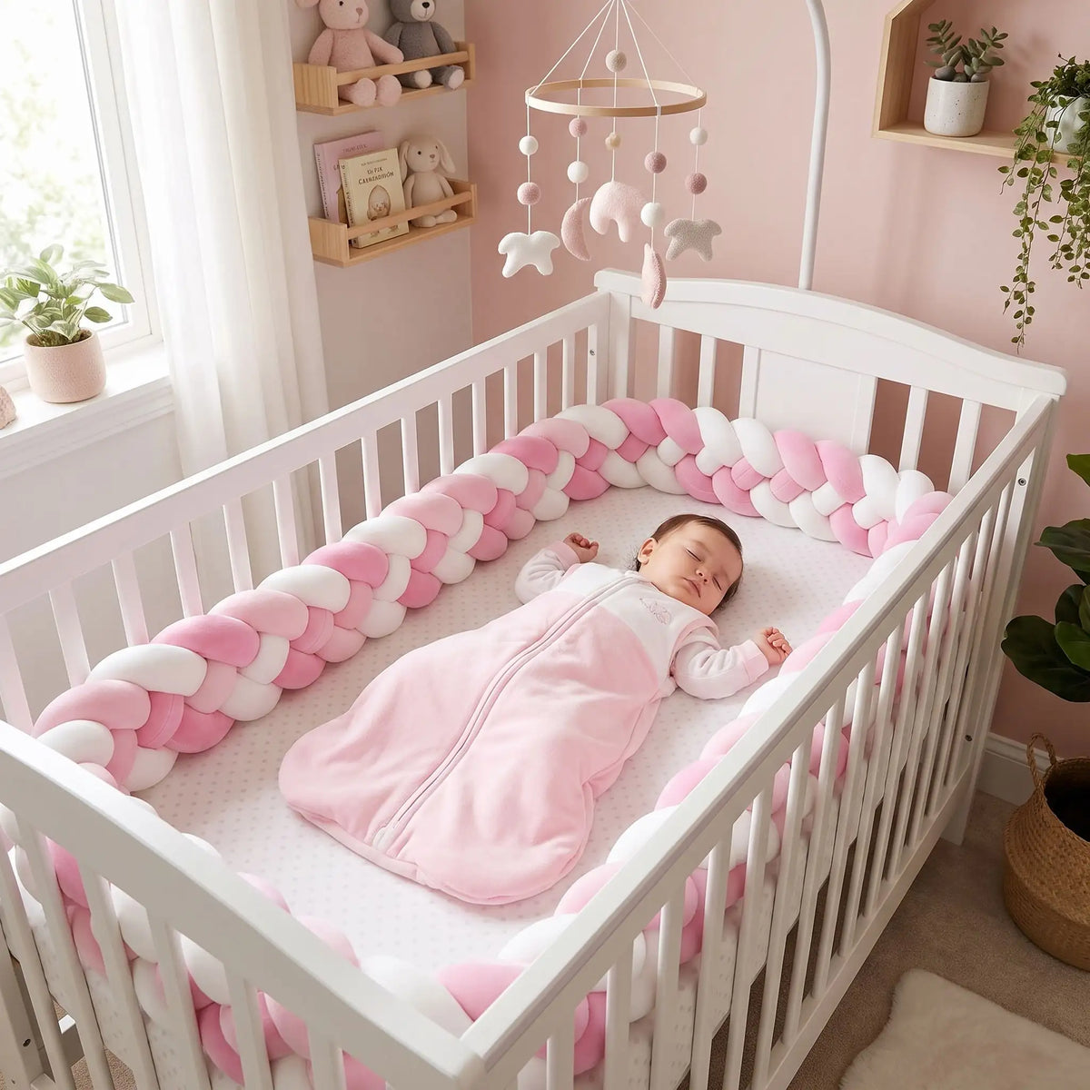 Petite fille dormant en toute sécurité dans son lit à barreaux, protégée par un tour de lit tressé rose et blanc