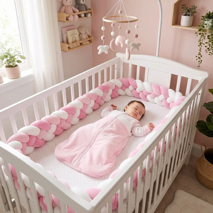 Petite fille dormant en toute sécurité dans son lit à barreaux, protégée par un tour de lit tressé rose et blanc