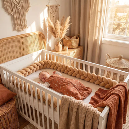 Chambre de bébé style bohème décorée avec une tresse de lit moutarde s'adaptant aux berceaux standards