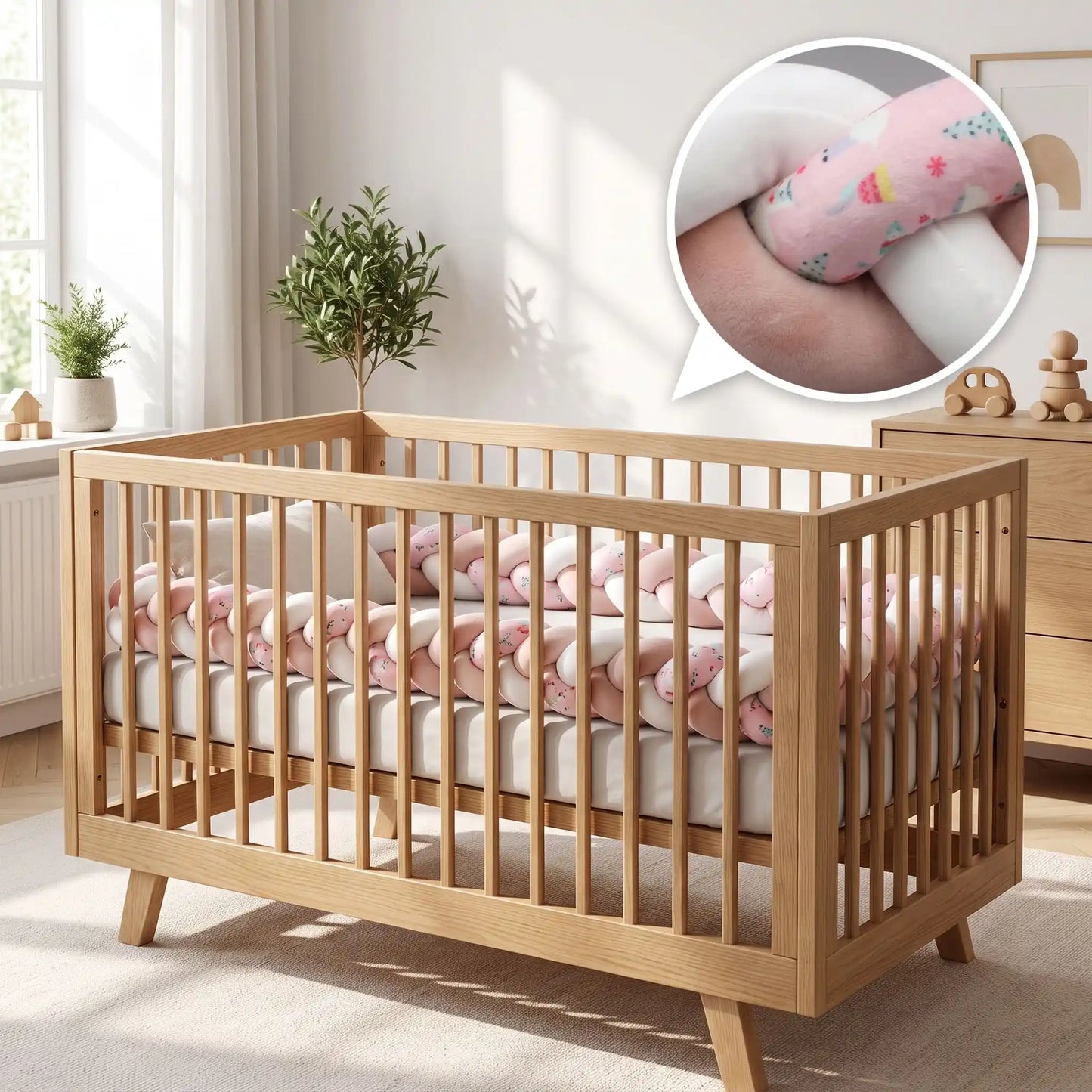 Tour de lit bébé tressé 3 brins de couleur rose tendre et élégant installé dans un lit à barreaux en bois