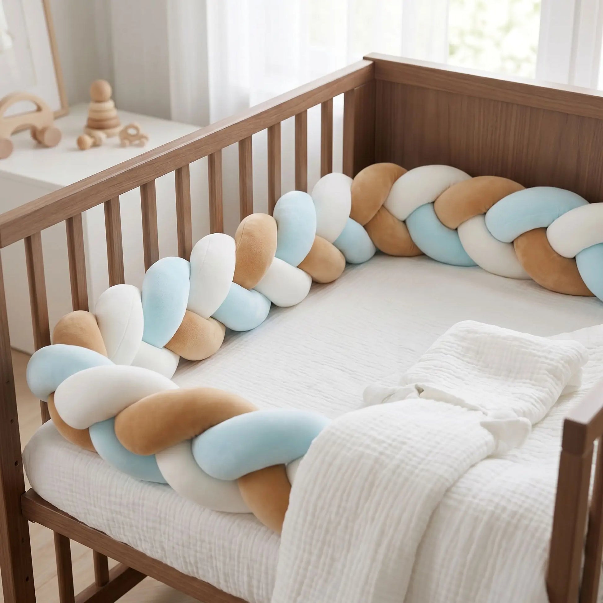 tresse de lit bébé style scandinave bleu ocre