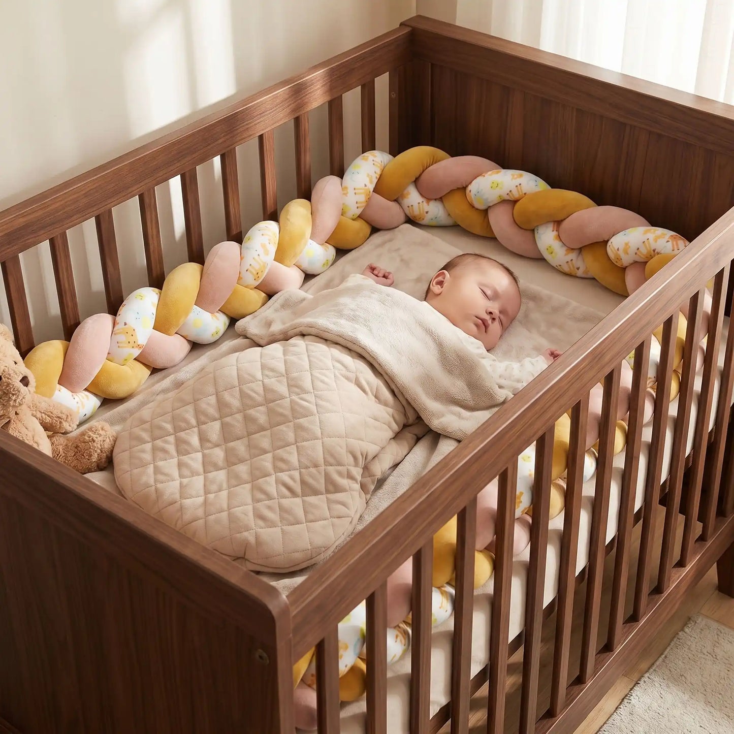 Bébé dormant paisiblement et en toute sécurité contre sa tresse de lit ocre moelleuse