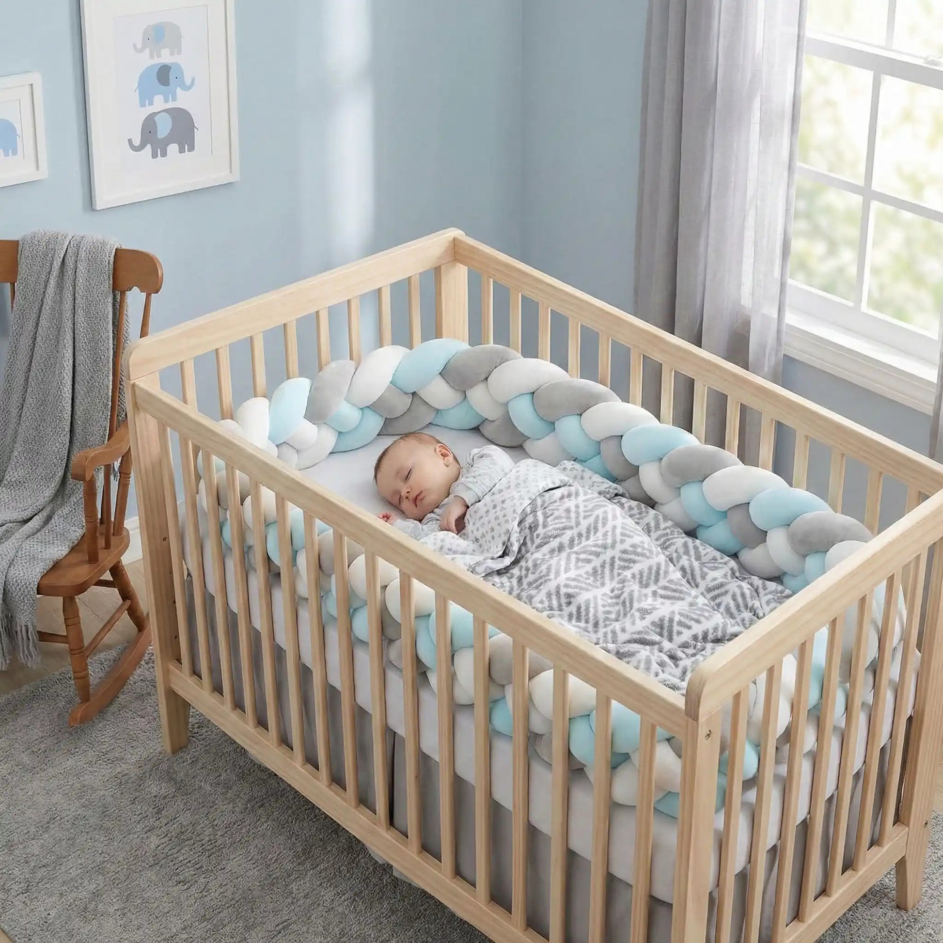 tresse tour de lit bebe bleu blanc gris