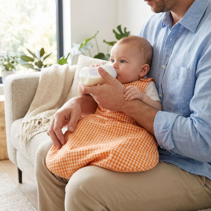 bébé qui boit son biberon sur les genoux de son papa avec sa turbulette été double gaze de coton style style rétro