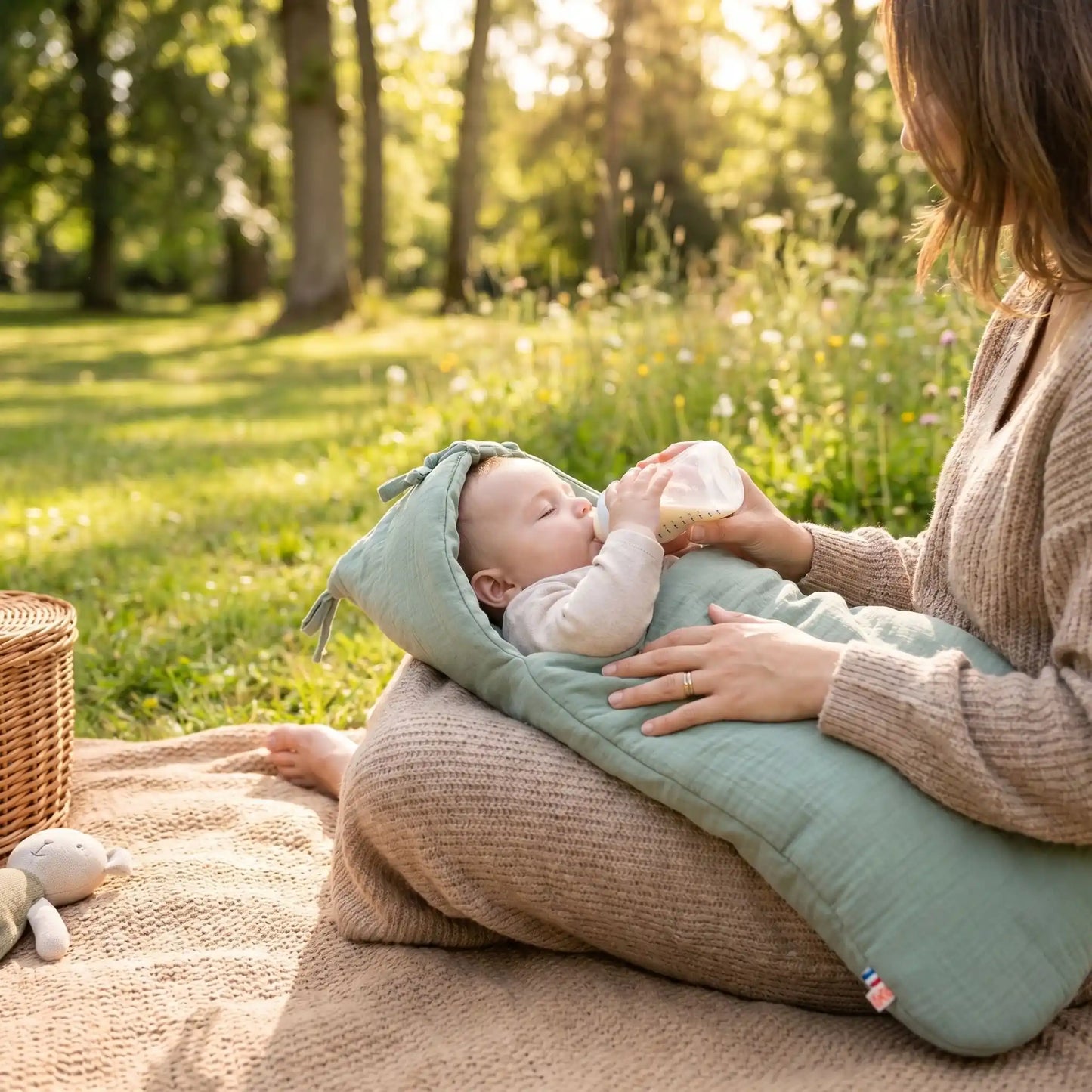maman dans un parc sur une couverture avec son bébé qui boit son biberon dans une turbulette de naissance ou nid d'ange tog 2 