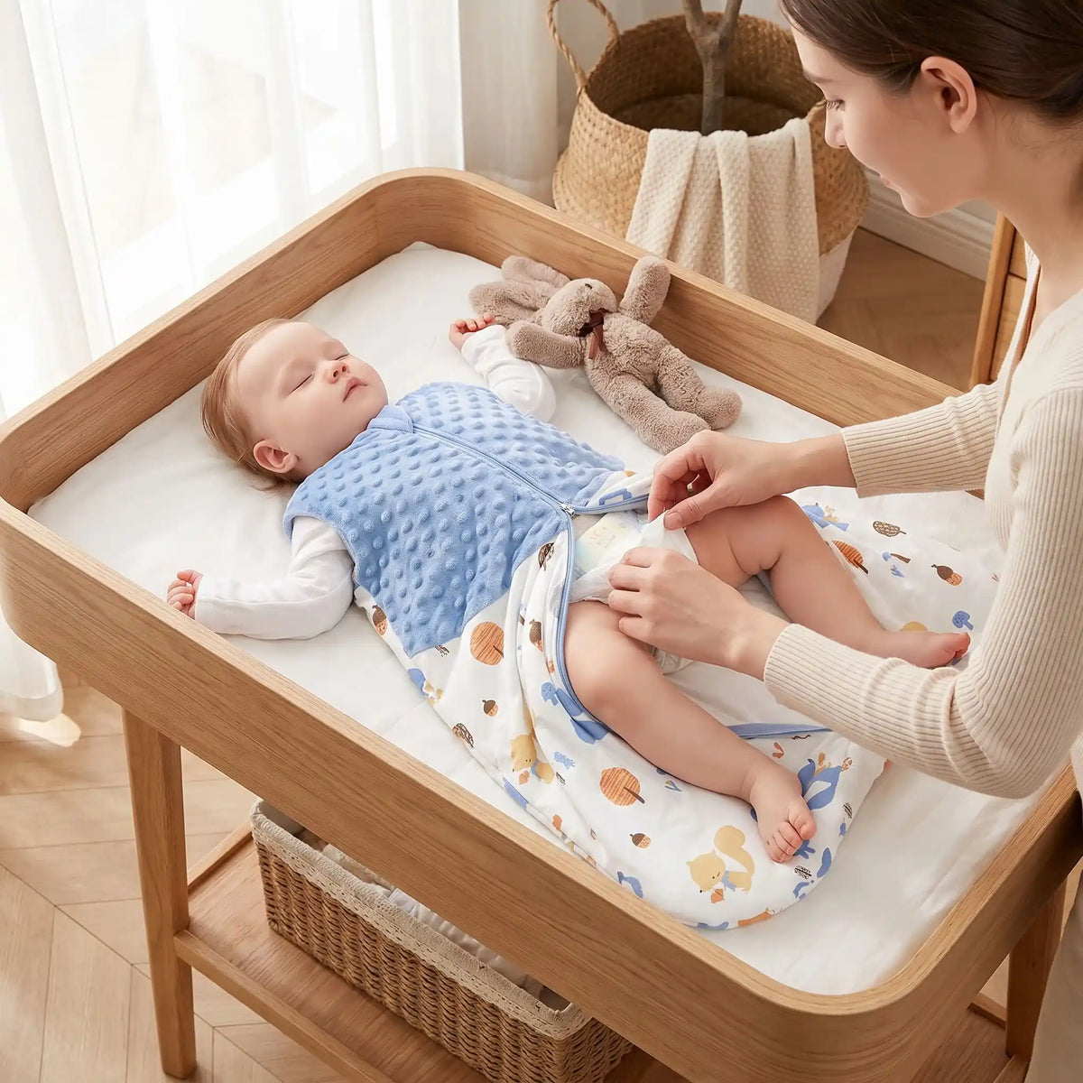 maman qui change son bébé dans sa turbulette tog 1.5 mi saison bleu avec motifs écureuils sur une table à langer 