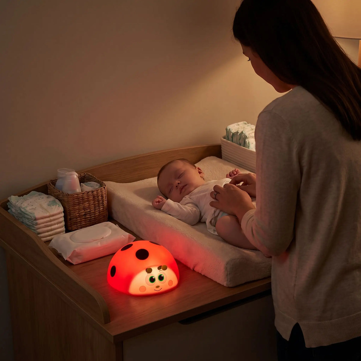 maman qui change son bébé endormi avec une veilleuse bébé coccinelle pour favoriser l'endormissement sans réveils