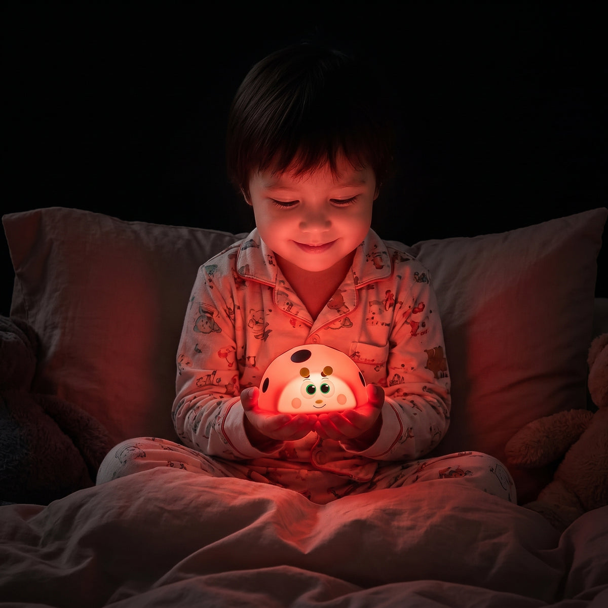 petit garçon assis dans son lit qui sourit et regarde sa veilleuse coccinelle lumière rouge apaisante favorisant la production de mélatonine