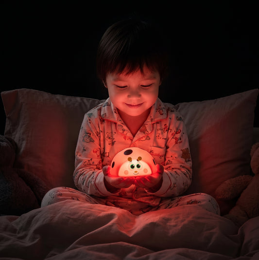 petit garçon assis dans son lit qui sourit et regarde sa veilleuse coccinelle lumière rouge apaisante favorisant la production de mélatonine