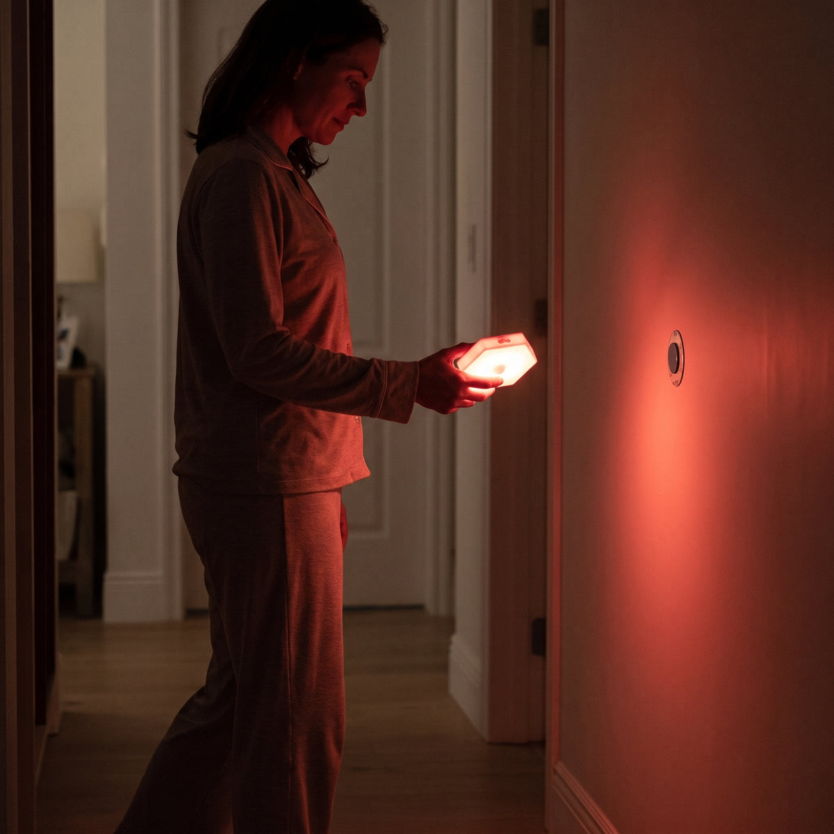 maman qui tient dans la main une veilleuse lumière rouge 620nm nomade aimantée detecteur de mouvement
