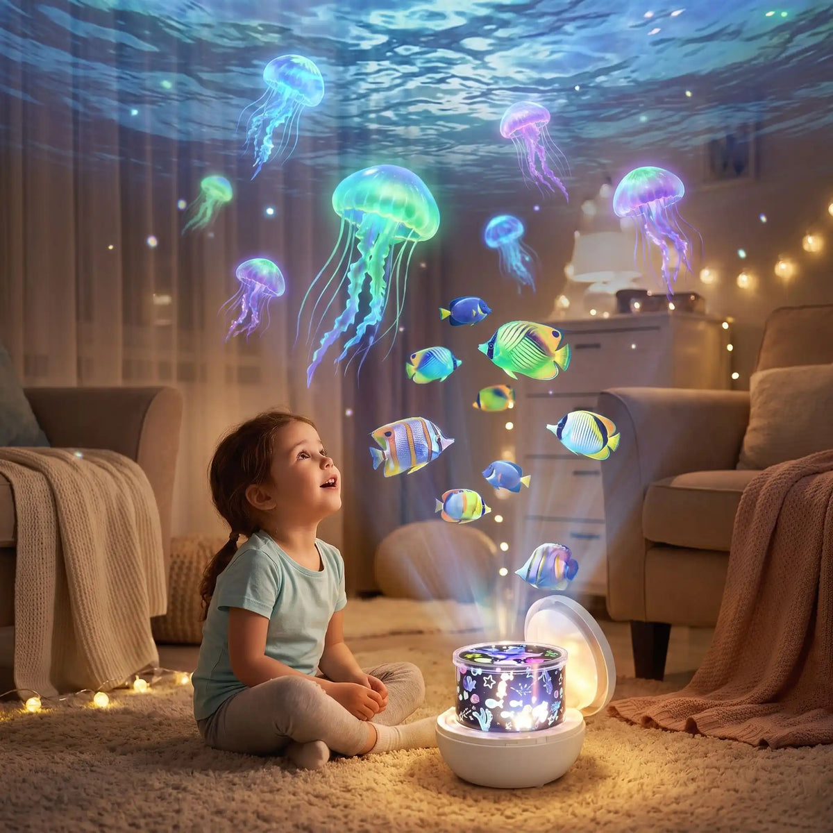 Projecteur musical bébé diffusant des méduses et poissons lumineux dans la chambre