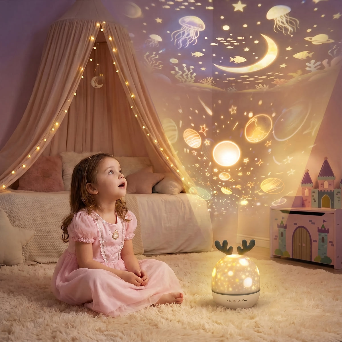 petite fille assise sur un tapis moelleux blanc avec sa veilleuse musicale lumineuse qui illumine sa chambre et projette des constellations