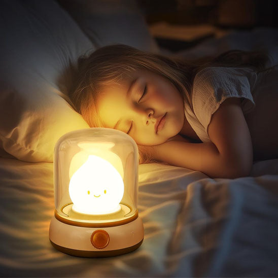 petite fille qui dort avec veilleuse flamme
